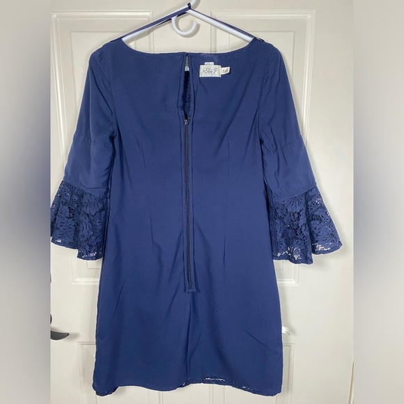 Eliza J Size 2 Navy Blue Lace Sheath Dress Fully Lined Bell Sleeves GUC … - Picture 14 of 15